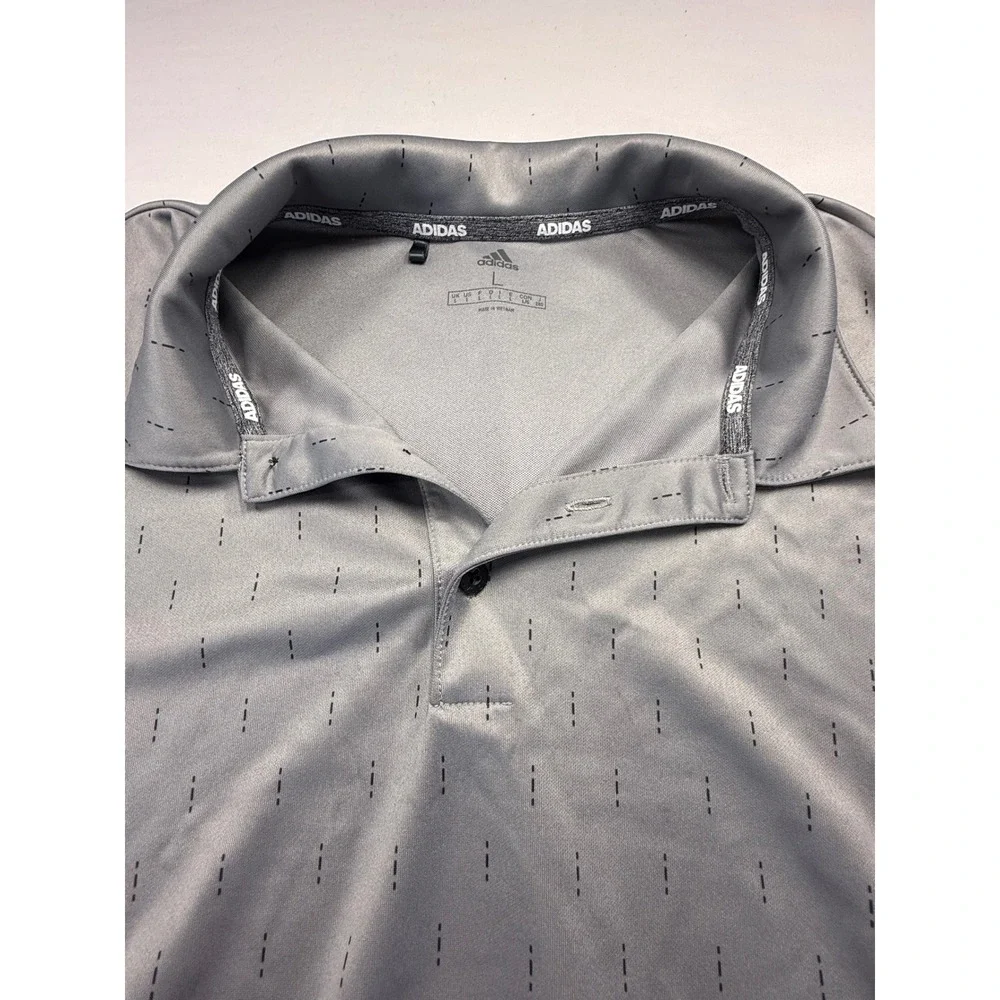 Adidas Mens Polo Shirt Large Gray Dashed Print Short Sleeve Performance Golf Top